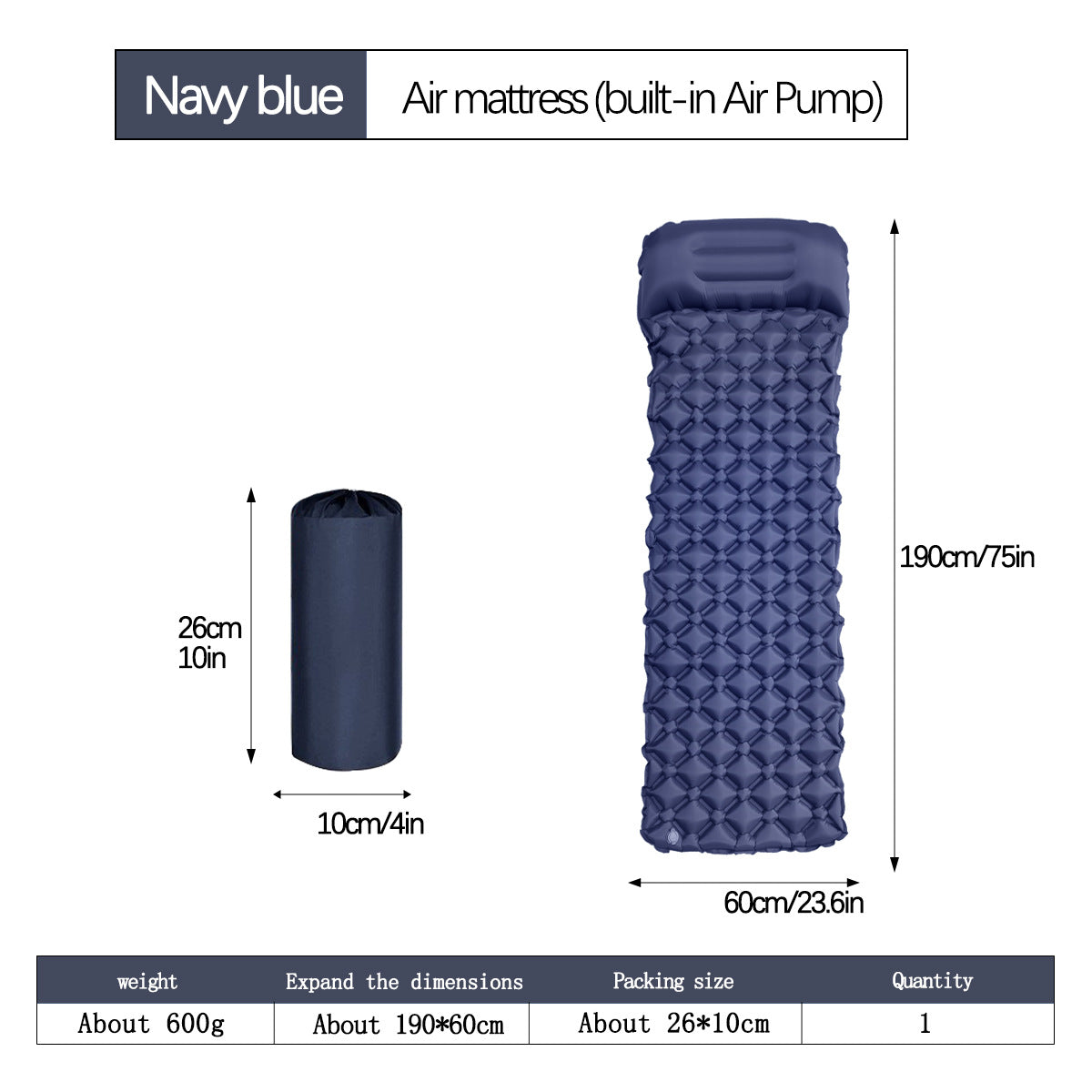 2pc Ultralight Inflatable Camping Sleeping Mat with Integrated Pillow - Waterproof 40D Nylon TPU Navy Blue
