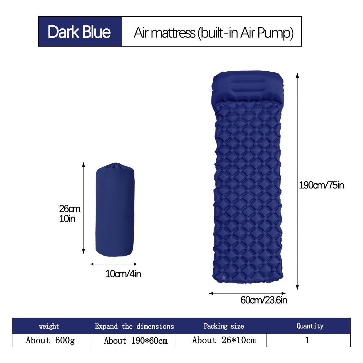 2pc Ultralight Inflatable Camping Sleeping Mat with Integrated Pillow - Waterproof 40D Nylon TPU Dark Blue