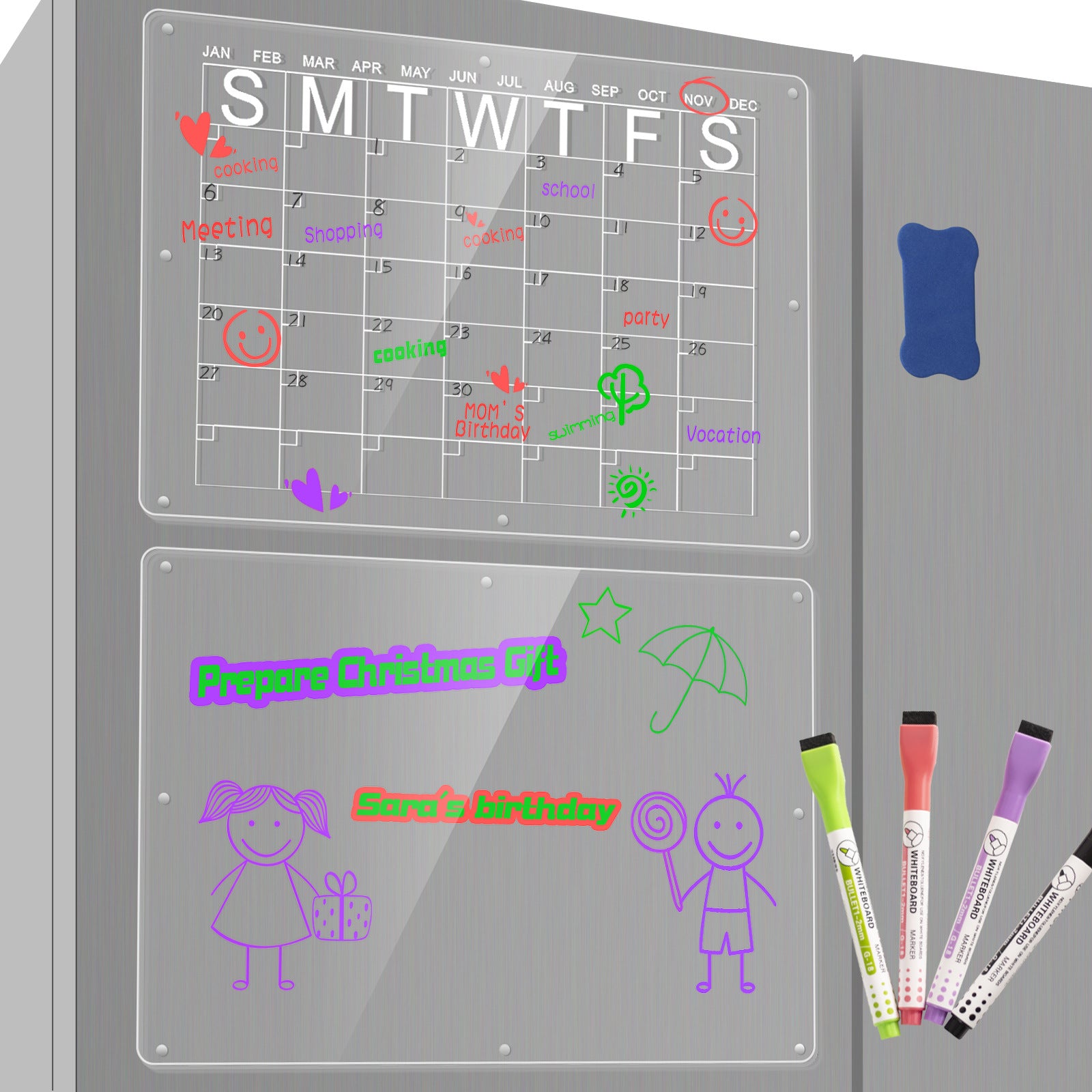 Magnetic Acrylic Fridge Calendar & Memo Board Set - Dry Erase Planner with Markers & Eraser 43*30cm 3mm