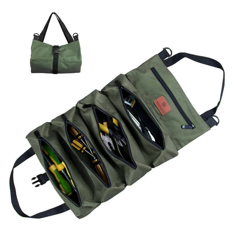 Heavy-Duty Canvas Tool Roll Up Bag & Organizer Tote - Multi-Pocket Wrench & Tool Pouch Green