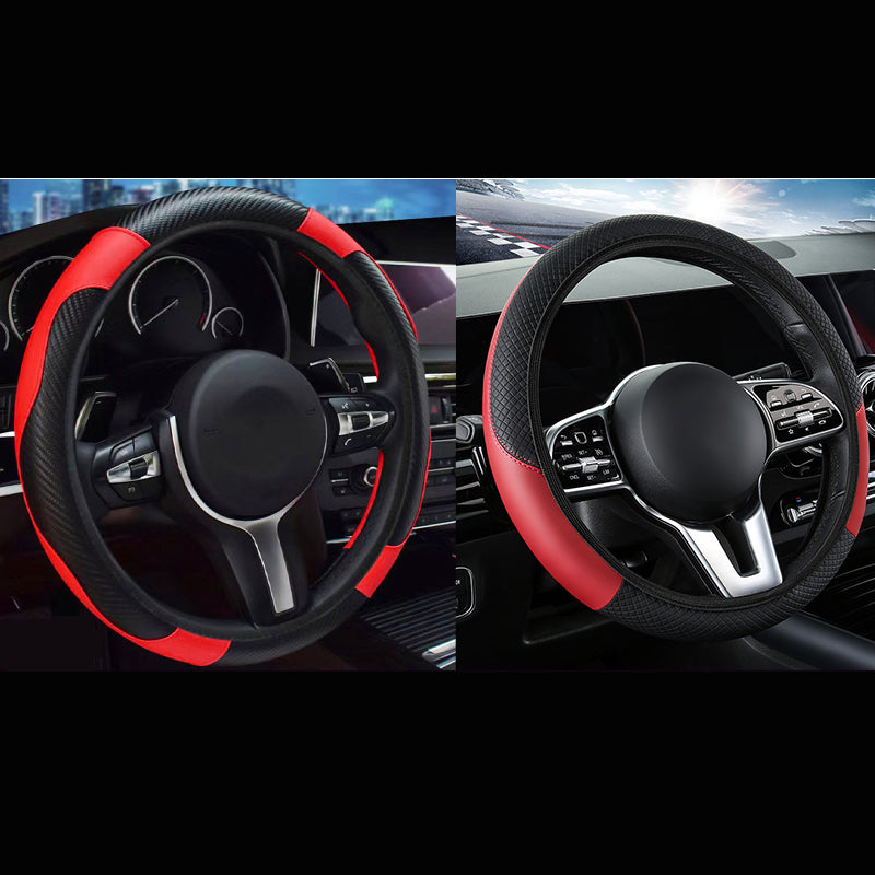 2-Pack Type A + Type B Red And Black Sporty Carbon Fiber Leather Steering Wheel Cover - Universal 38cm Easy-Fit Elastic Grip