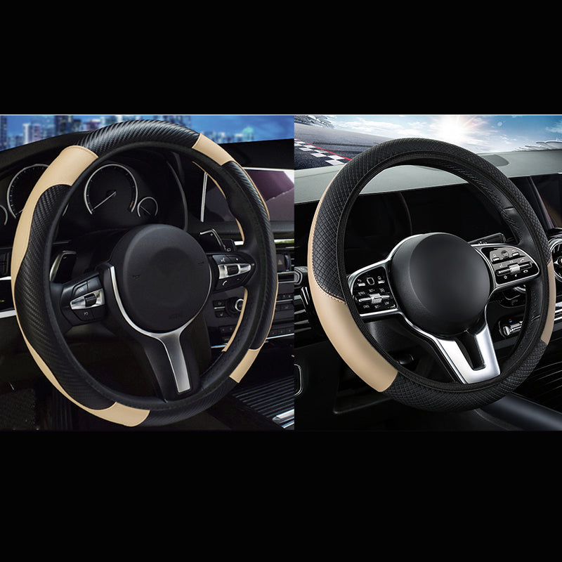 2-Pack Type A + Type B Beige And Black Sporty Carbon Fiber Leather Steering Wheel Cover - Universal 38cm Easy-Fit Elastic Grip
