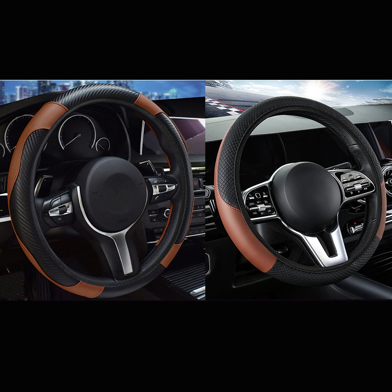 2-Pack Type A + Type B Brown And Black Sporty Carbon Fiber Leather Steering Wheel Cover - Universal 38cm Easy-Fit Elastic Grip