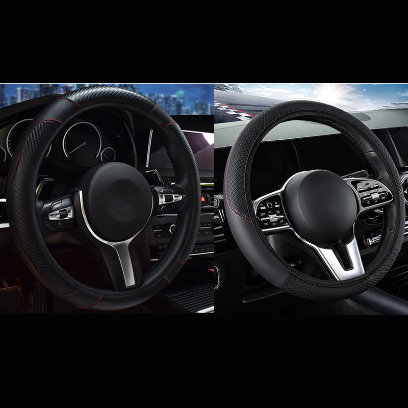 2-Pack Type A + Type B Black Sporty Carbon Fiber Leather Steering Wheel Cover - Universal 38cm Easy-Fit Elastic Grip