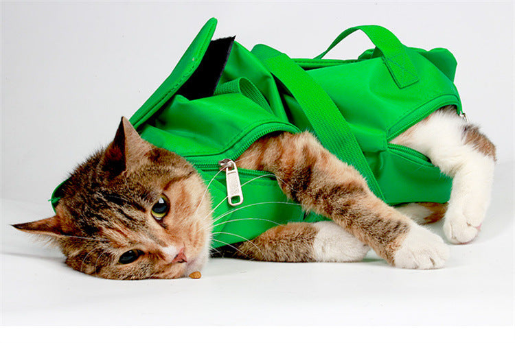 Size M Green Multi-Functional Cat Grooming Bag - Anti-Scratch Restraint Pouch for Nail Trimming and Vet Visits
