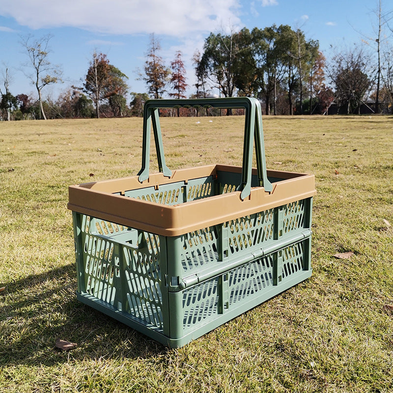 Large Collapsible Storage Basket with Handles - Portable Folding Crate for Shopping, Picnics & Car Trunk green