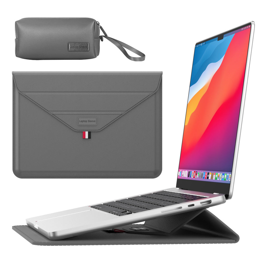 3-in-1 PU Leather Laptop Sleeve with Stand & Mouse Pad + Accessory Pouch Gray