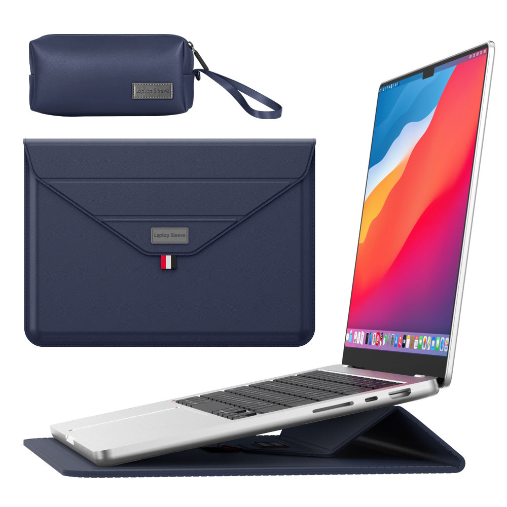 3-in-1 PU Leather Laptop Sleeve with Stand & Mouse Pad + Accessory Pouch Dark Blue