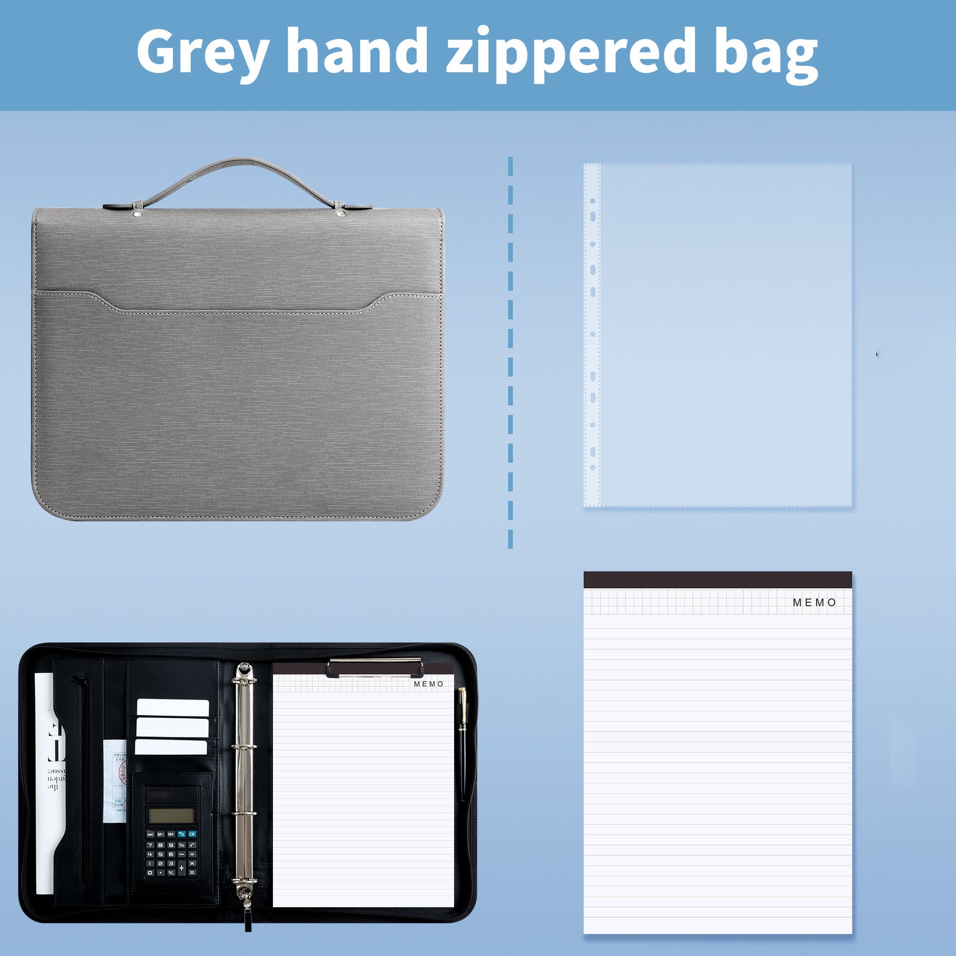 Professional PU Leather A4 Portfolio Binder with Zipper, Handle, Calculator & Clipboard grey