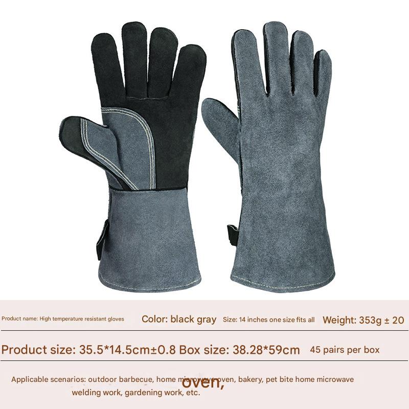 Heavy-Duty Leather Heat Resistant Gloves - 500°C BBQ, Welding & Oven Mitts with Long Cuffs black and grey