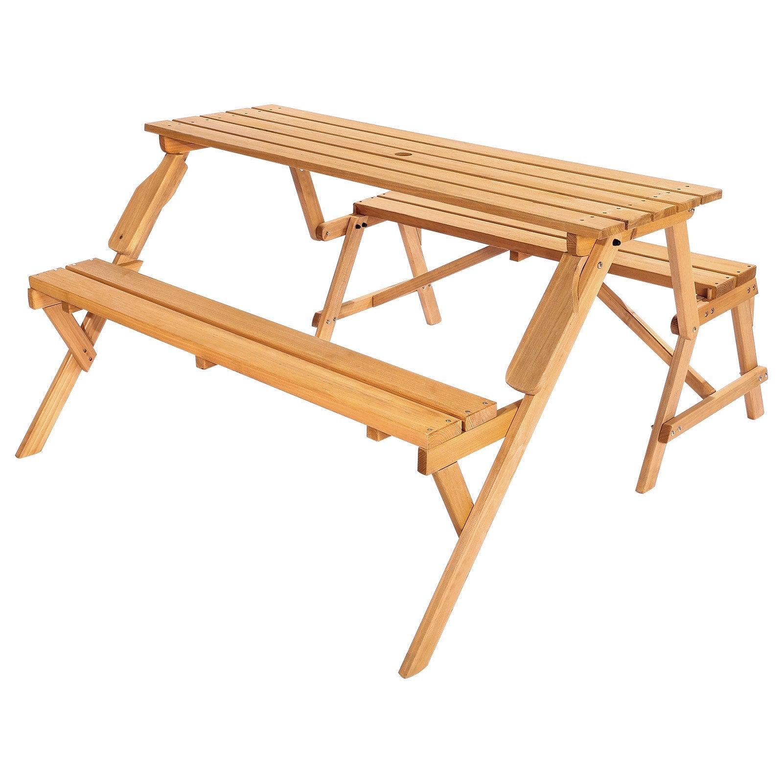 VEVOR 2-in-1 Transforming Interchangeable Picnic Table, Outdoor Wooden Table and Bench Set, Portable Foldable Bench with Umbrella Hole, Patio Dining Furniture for Garden, Backyard, Porch Brown