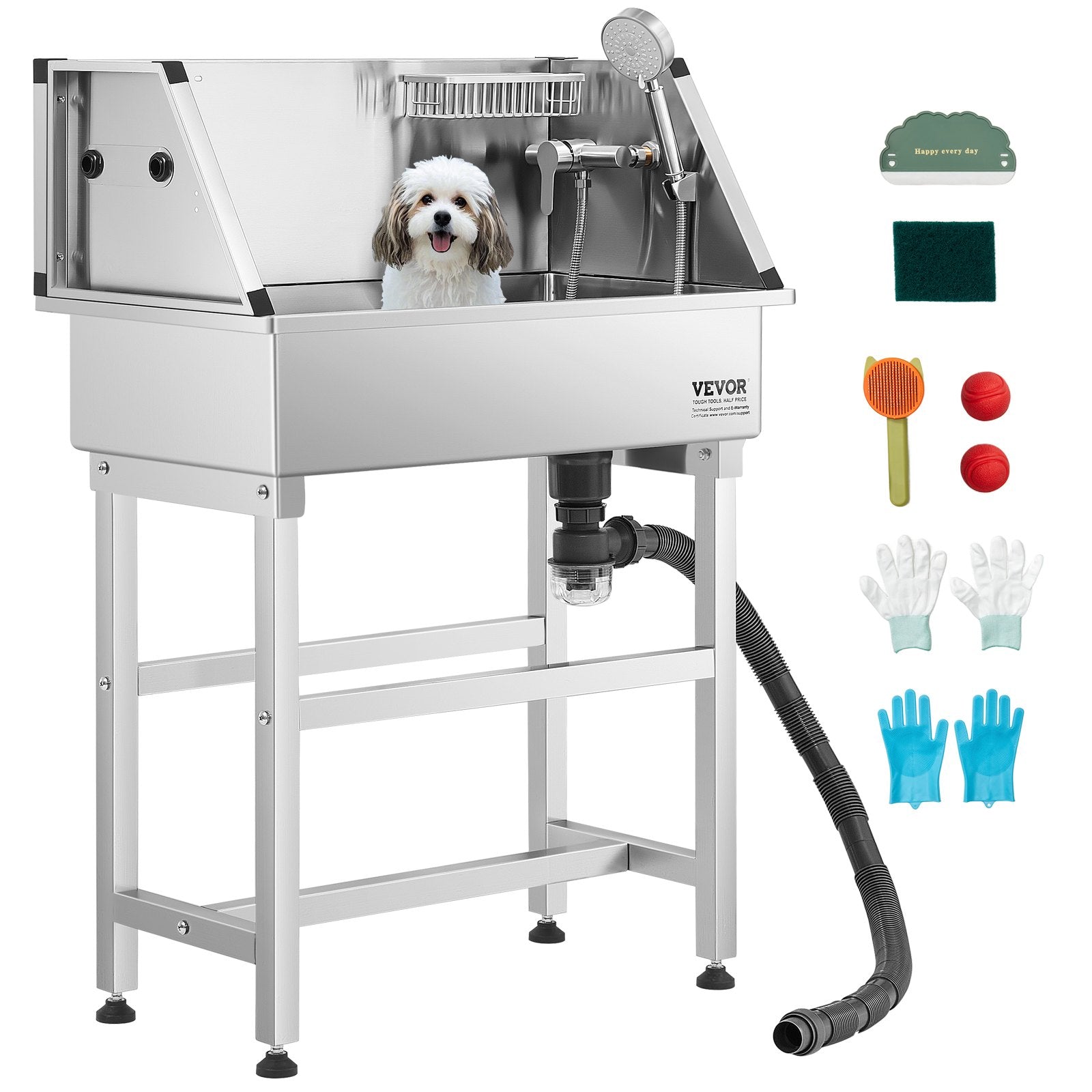 VEVOR 86.4 cm Stainless Steel Dog Washing Station, Pet Grooming Tub with Hot & Cold Faucet, Showerhead, Storage Rack, No-Bend All-in-One Bathtub, Home Wash Sink, Fits Small Cats and Dogs