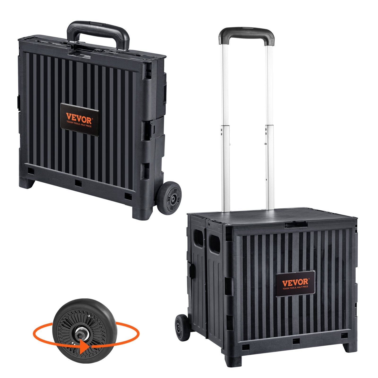 VEVOR Foldable Utility Cart, 36 kg Load Capacity, Folding Portable Rolling Crate Handcart with Durable Heavy Duty Telescoping Handle and 2 Wheels for Travel Shopping Moving Luggage Office Use, Black