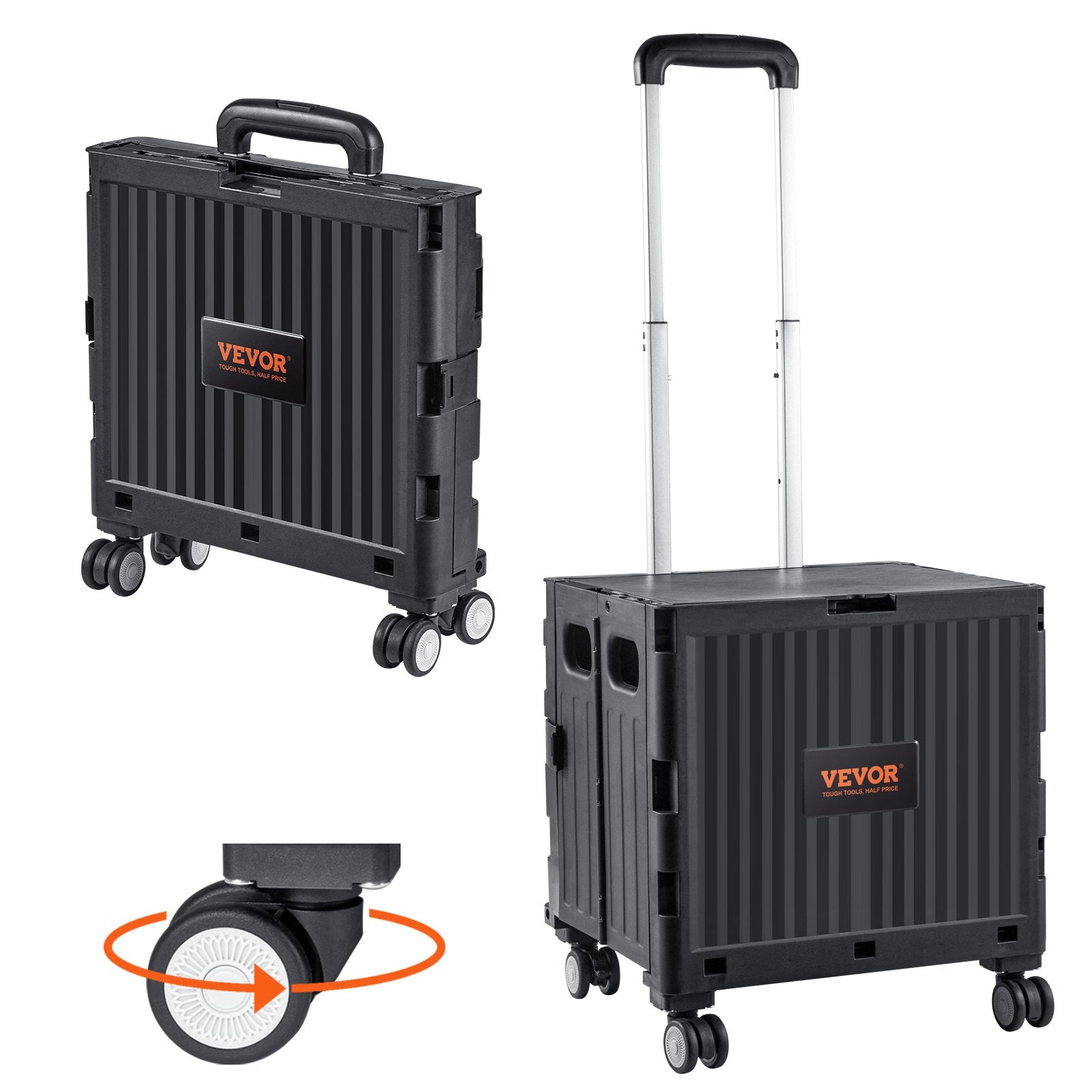 VEVOR Foldable Utility Cart, 50 kg Load Capacity, Folding Portable Rolling Crate Handcart with Heavy Duty Telescoping Handle and 4 Rotate Wheels for Travel Shopping Moving Luggage Office Use, Black
