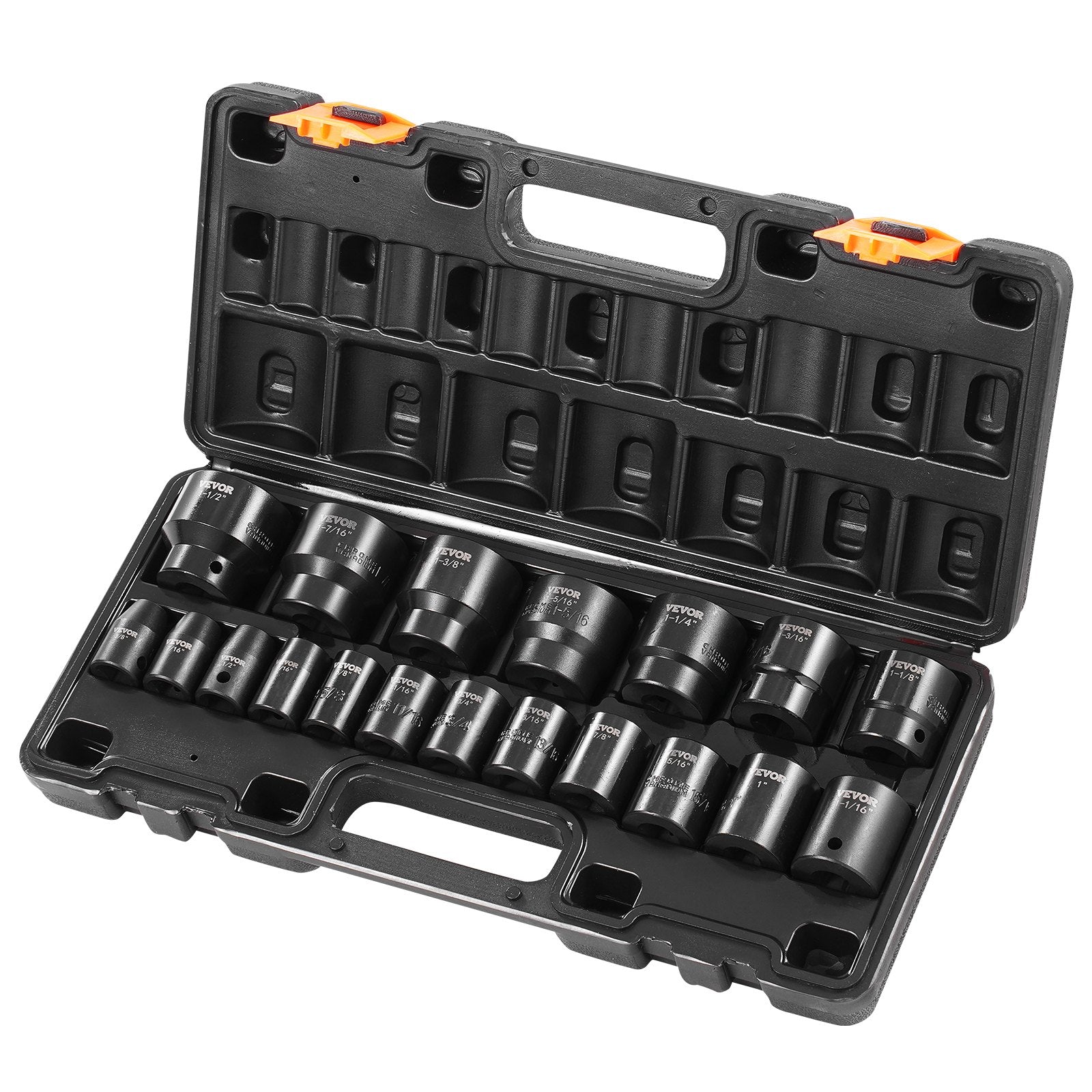 VEVOR Impact Socket Set 1/2 Inches 19 Piece Impact Sockets, Standard Socket Assortment, 1/2 Inches Drive Socket Set Impact Standard SAE 3/8 Inches to 1-1/2 Inches 6-point Hex Sockets