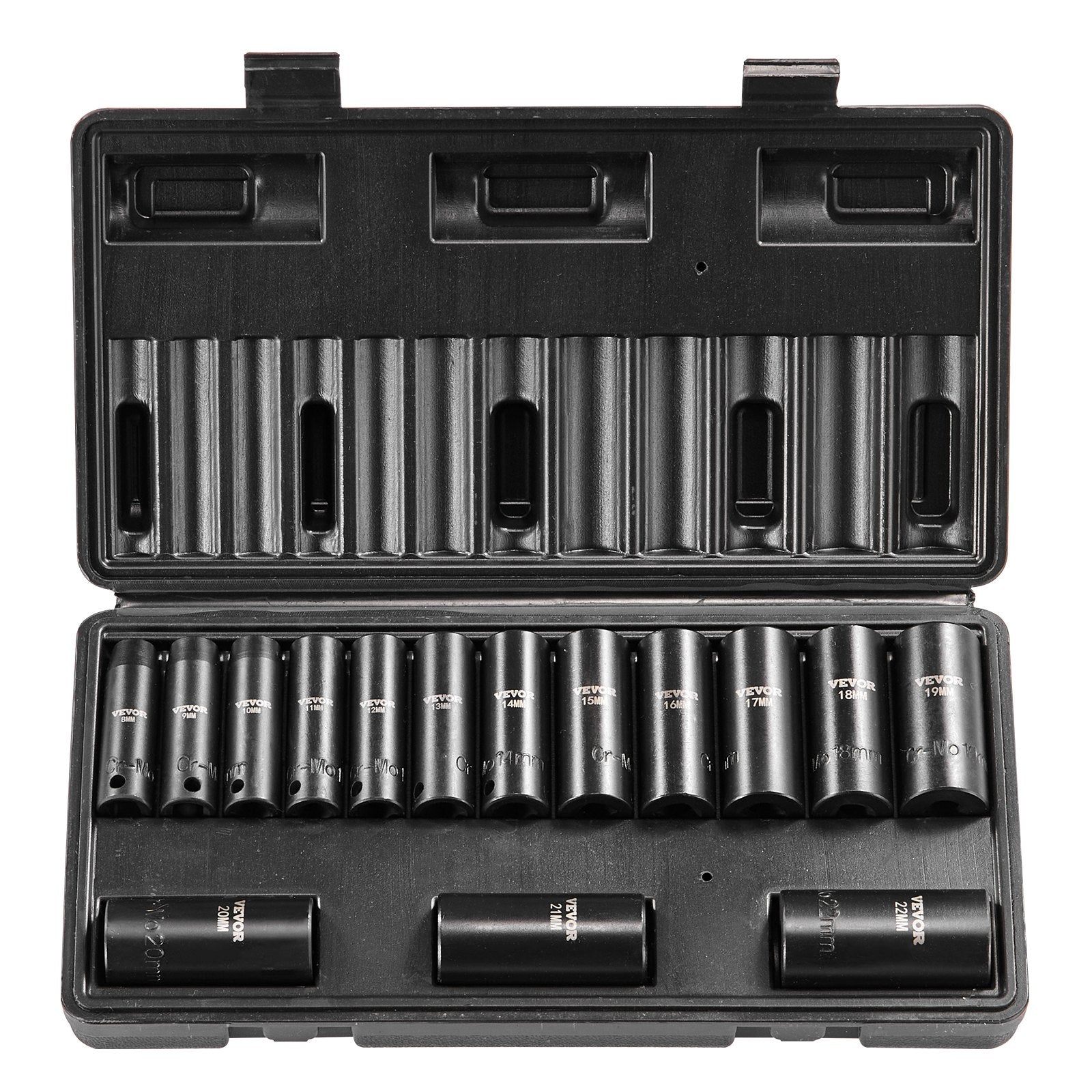 VEVOR 3/8" Drive Impact Socket Set, 15 Piece Deep Socket Set Metric 8-22mm, 6 Point Cr-Mo Alloy Steel for Auto Repair, Easy-to-Read Size Markings, Rugged Construction, Includes Storage Case