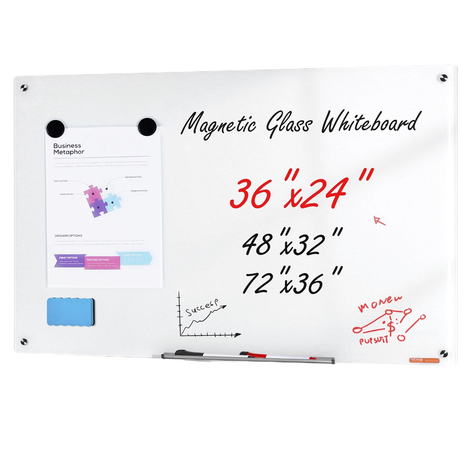 VEVOR Magnetic Glass Whiteboard, Dry Erase Board 36"x24", Wall-Mounted Large White Glassboard Frameless, with Marker Tray, an Eraser and 2 Markers, White