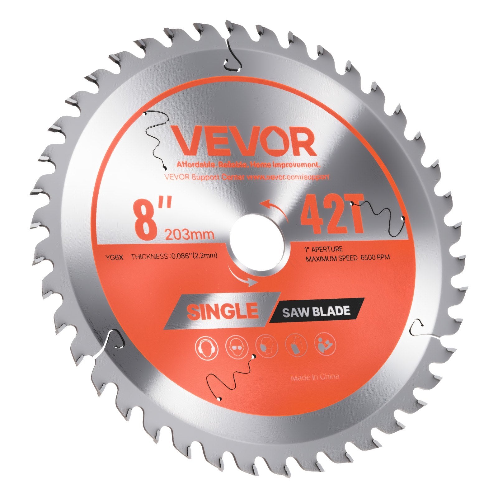 VEVOR Circular Saw Blade, 203 mm Diameter, 42 Sharp Alloy Teeth, 25.4mm Arbor, Fine Finish, Wood Cutting Blade for Circular Saw, with Noise-Reducing Heat Vents, for Cutting Plywood, OSB, and Hardwood