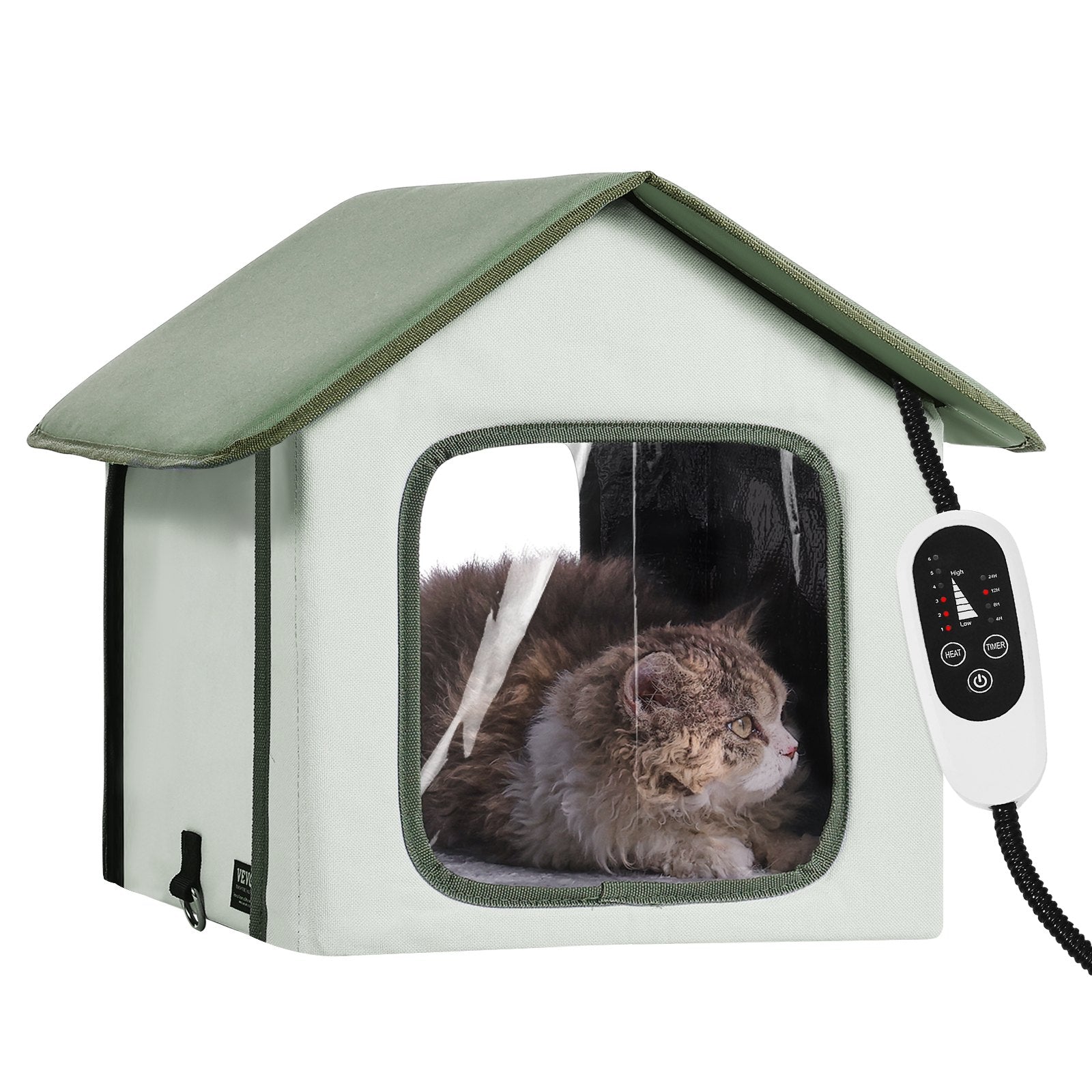 VEVOR Elevated Heated Cat House, Outdoor Kitty Shelter with Timer, 600D Oxford Cloth Foldable Cat Shelter with Heated Pad for Winter to Stay Warm and Cozy, Green Small
