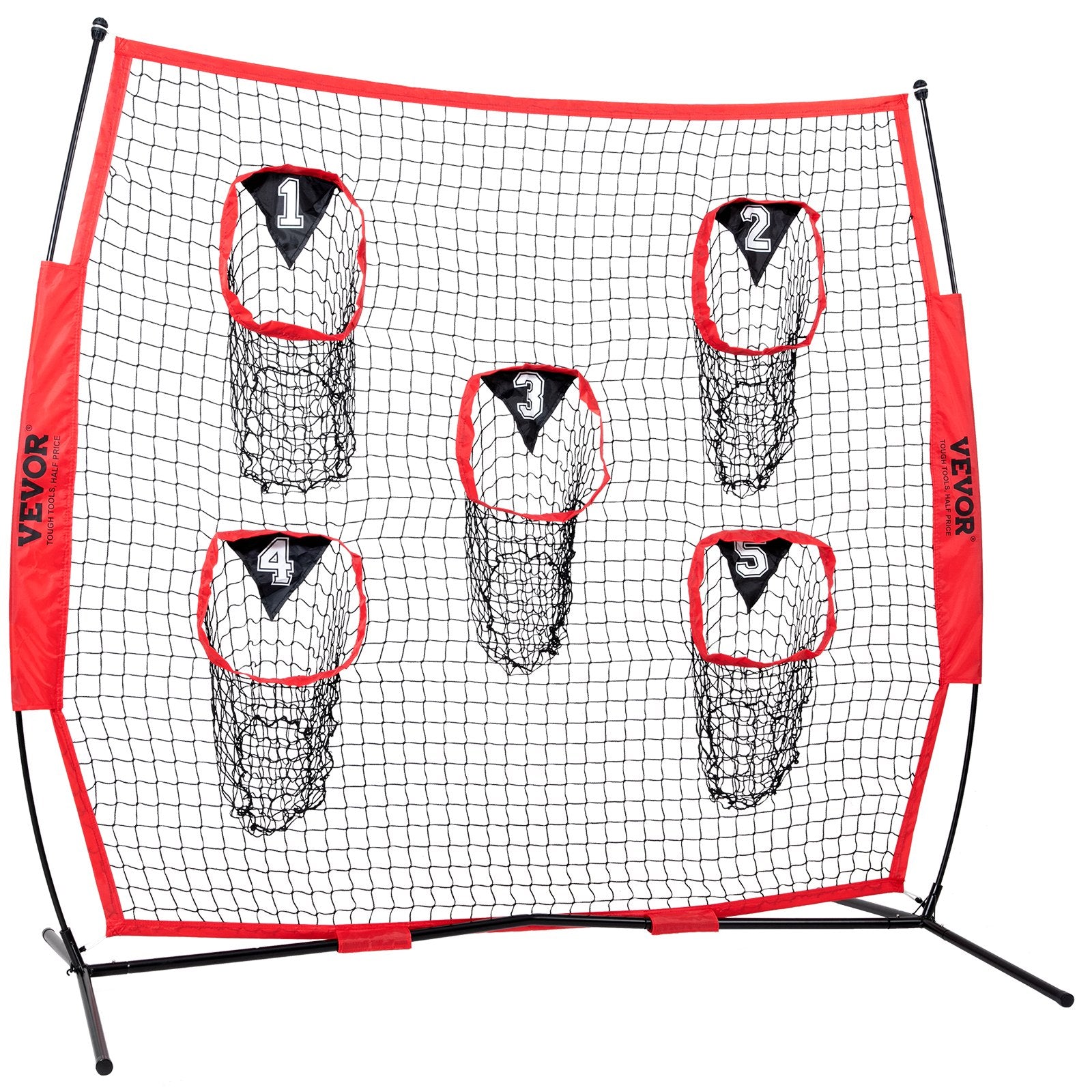 VEVOR 6 x 6 ft Football Trainer Throwing Net, Training Throwing Target Practice Net with 5 Target Pockets, Knotless Net Includes Bow Frame and Portable Carry Case, Improve QB Throwing Accuracy, Red