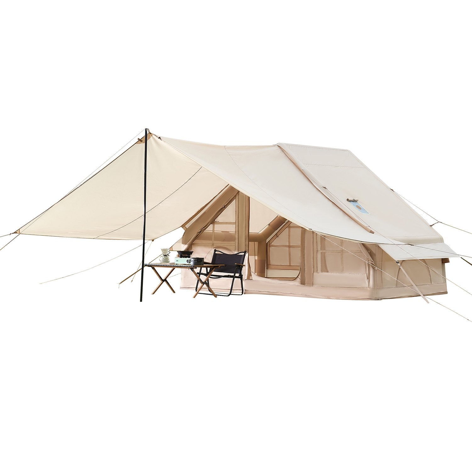 VEVOR Inflatable Tents for Camping, 3-5 Person Easy Setup Blow up Tent with Hand Pump, 300D Oxford 4 Season Glamping Tent with Canopy, Stove Jack, 2 Doors & 2 Mesh Windows Storage Bag Included