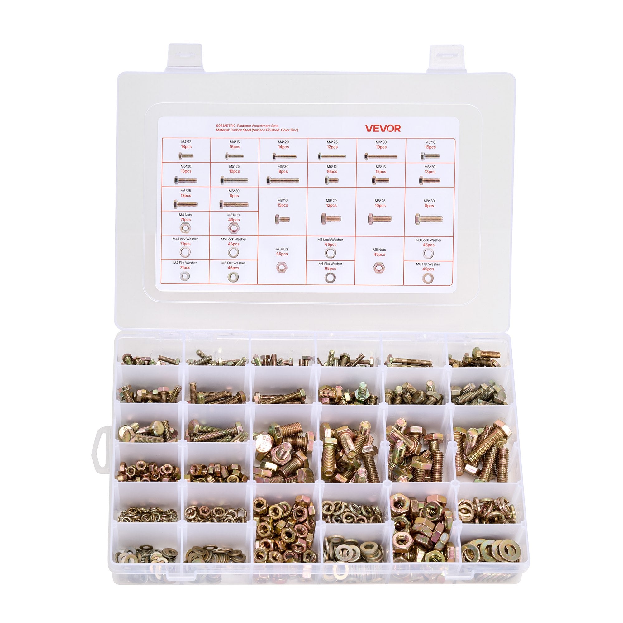 VEVOR 906 Pcs Bolts and Nuts Assortment Kit, Metric Machine Screws and Flat Washers, Alloy Steel M4/M5/M6/M8 Multiple Size, for Equipment Assembly, Vehicle Grade 8.8 Gold-Plated Galvanized