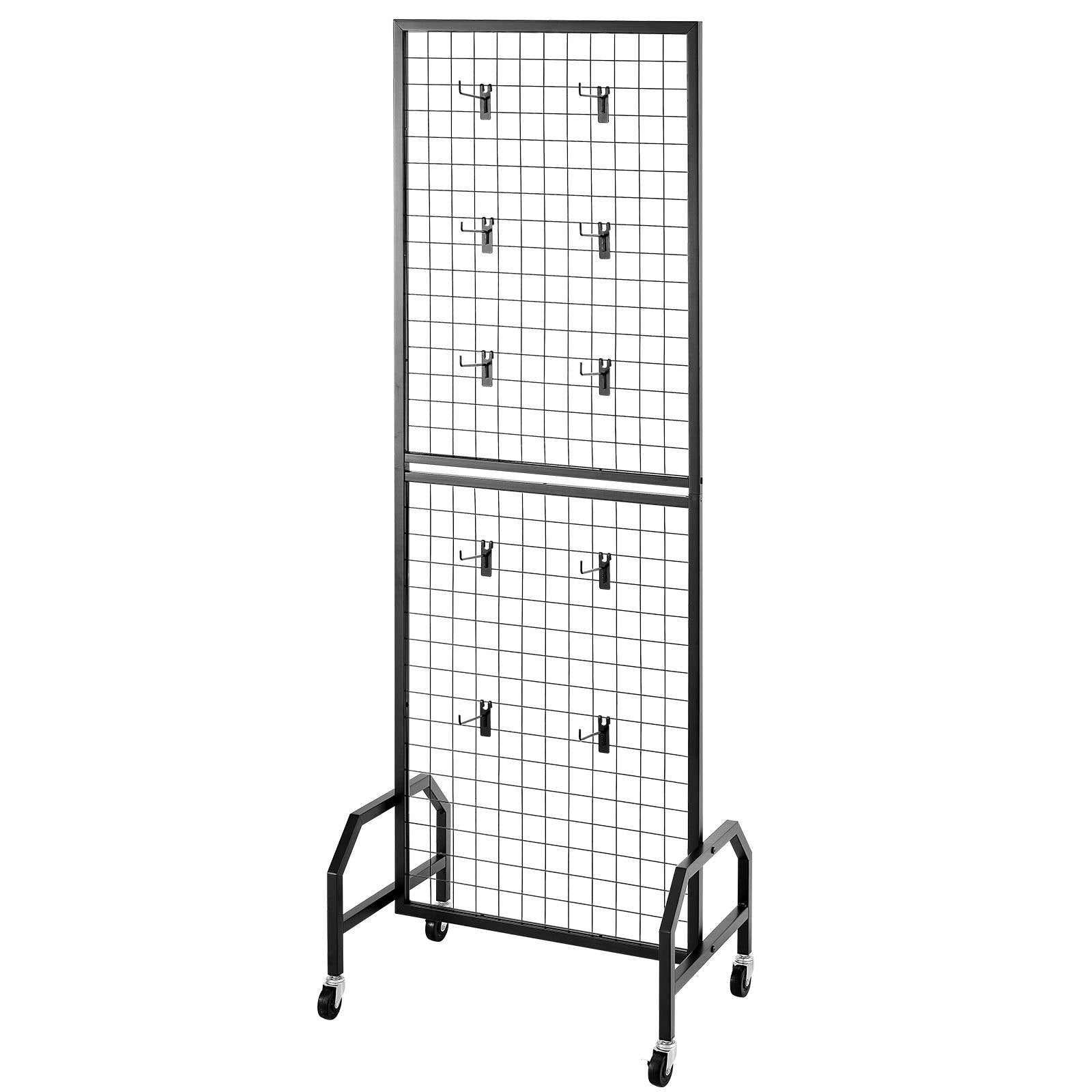VEVOR Grid Wall Panel, 600 x 1640 mm Wire Grid Panels Display Rack, Movable Art Display Shelf with Wheels and 10 Hooks, Black Carbon Steel Gridwall for Craft Show, Decoration, Storage, Notice Board