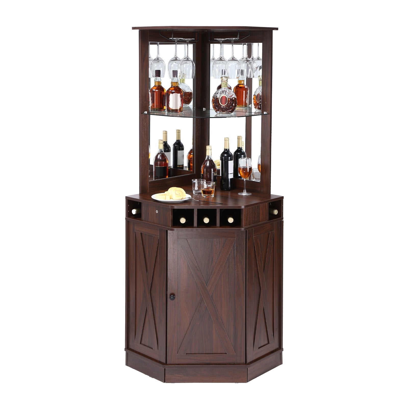 VEVOR Corner Industrial Bar Cabinet, Wine Table for Liquor & Glasses, Sideboard Buffet Cabinet with Glass Holder, Freestanding Farmhouse Wood Coffee Bar Cabinet for Living Room, Home Bar, Black Walnut