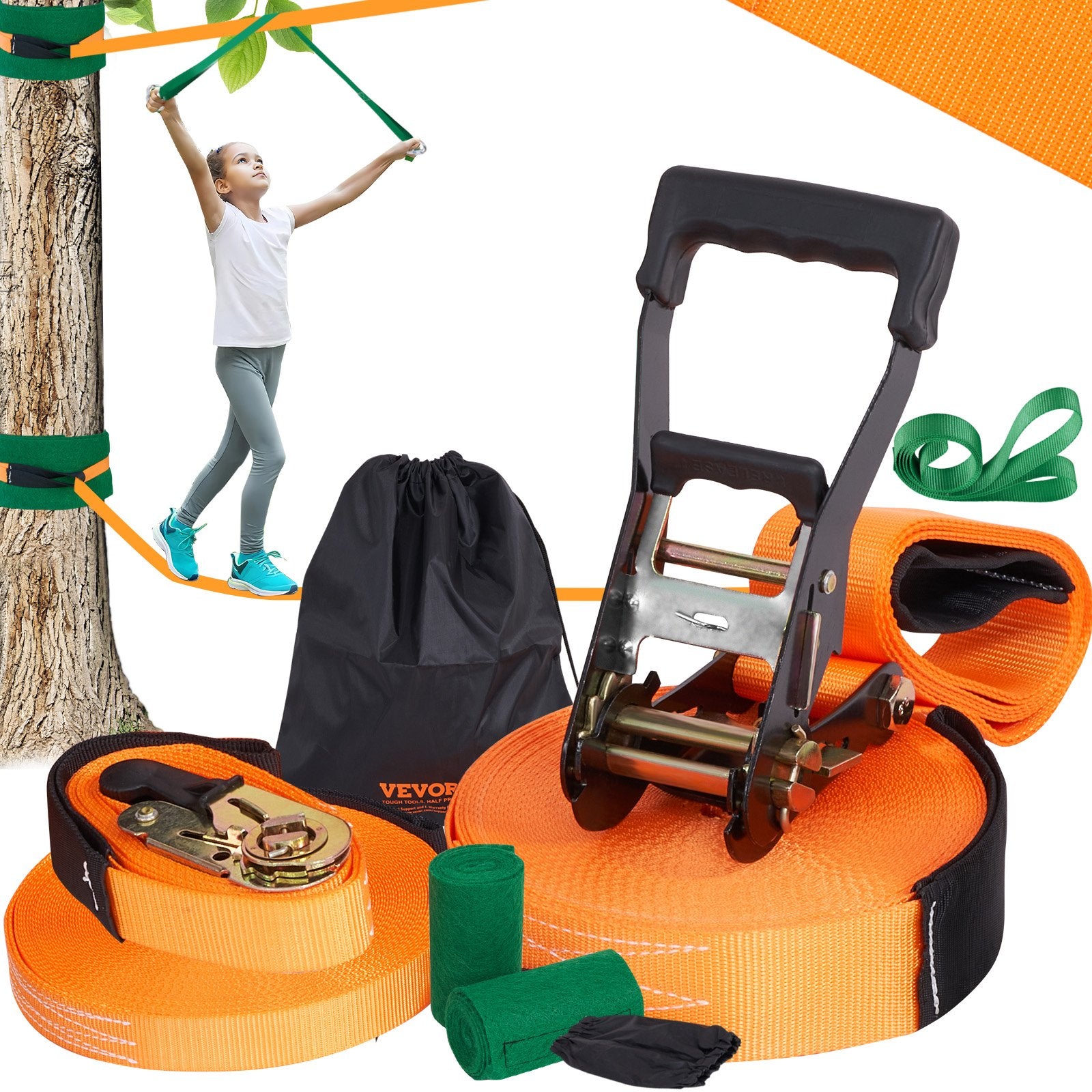VEVOR Slackline Kit with Training Line, 18.3m Backyard Slack Line Equipment, Easy Setup Tight Rope for Kids Adults, Complete Slackline Set with Tree Protectors, Arm Trainer, Carry Bag, and Instruction