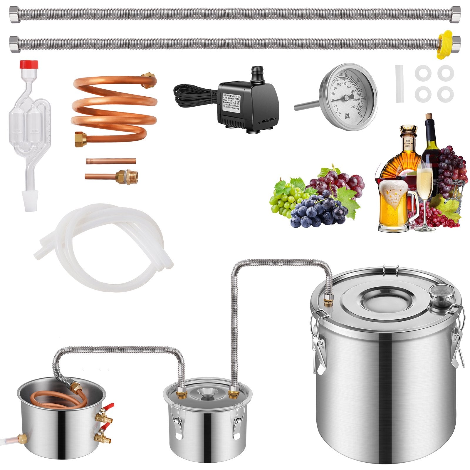 VEVOR Alcohol Still, 5 Gal / 19 L Stainless Steel Water Alcohol Distiller with Copper Coil for Fast Cooling, Dual Condenser Distiller Kit with Secondary Distillation, for Wine Whisky Brandy, Silver