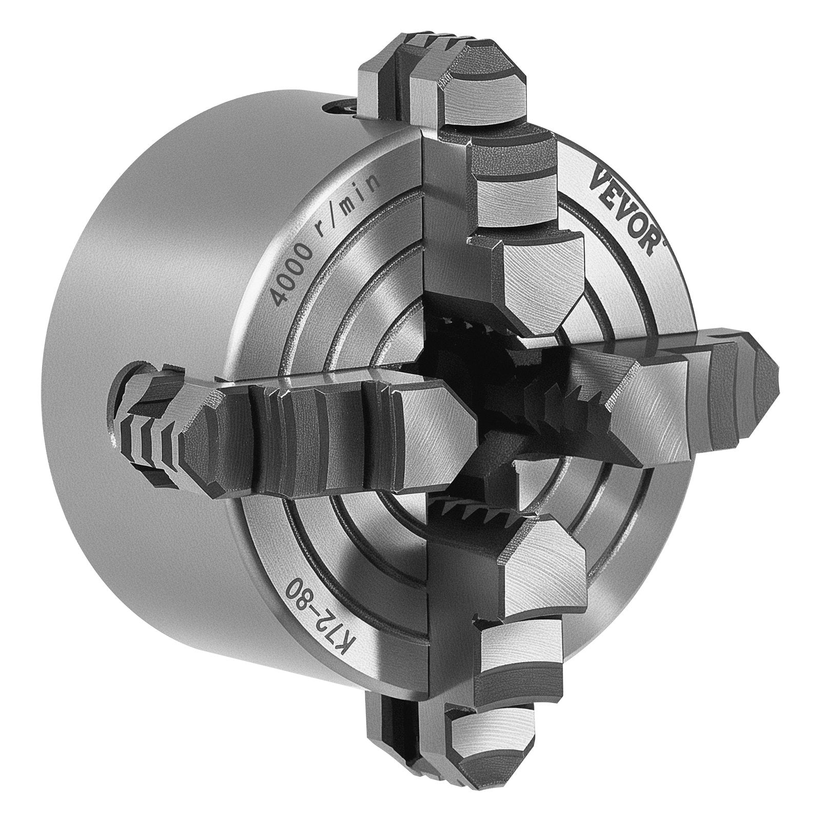 VEVOR 4-Jaw Lathe Chuck, 3 Inch 80 mm , 4-Jaw Chuck, 0.1-3.15 in 5-80 mm Clamping Range with T-key Fixing Screws Reversible Jaws, HT300 Material, Internal External for Wood Metal Lathe