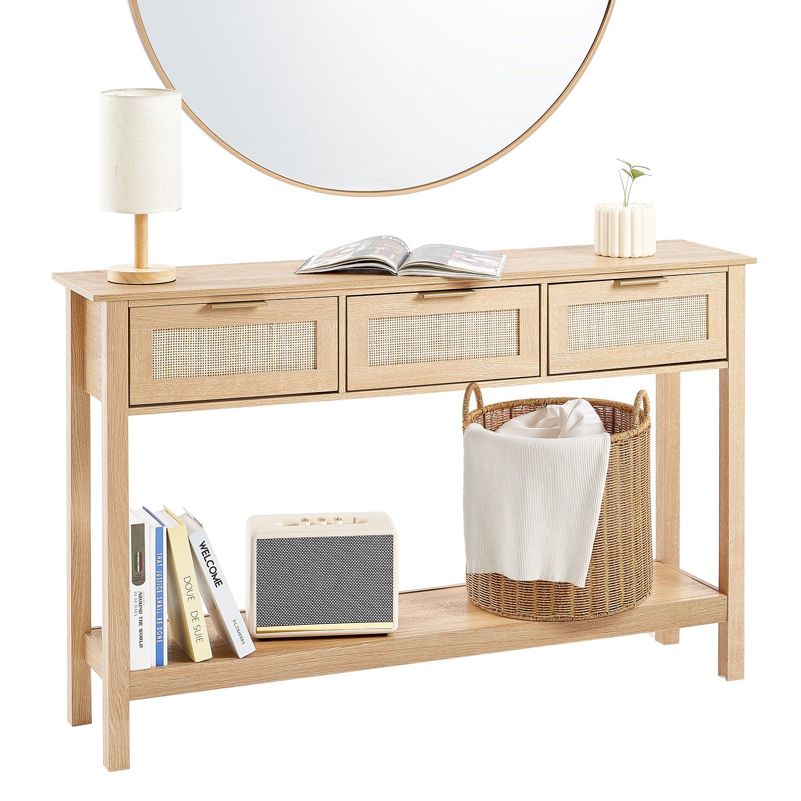 VEVOR Rattan Console Table with 3 Storage Drawers, Rattan Entryway Table with Natural Rattan Sliding Door, Console Sofa Table for Living Room, Study, Entryway Or TV Wall, Natural
