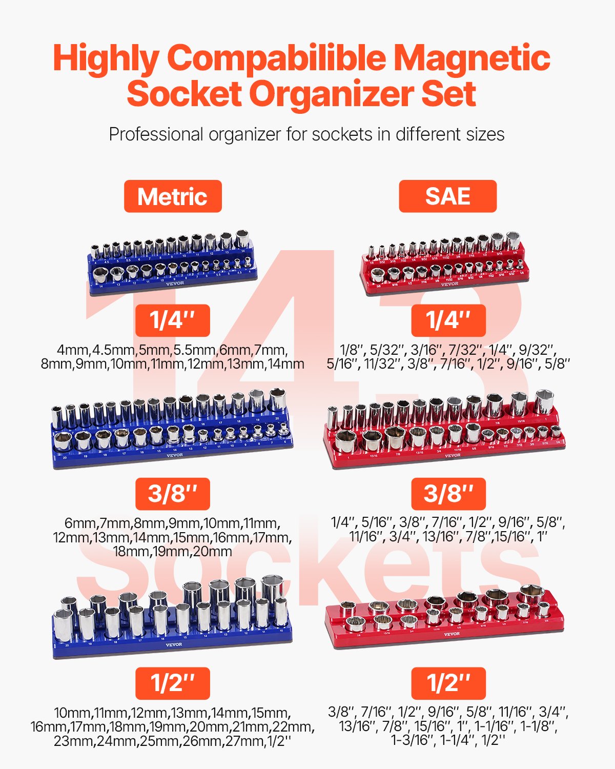 VEVOR Magnetic Socket Organizer Set, 6PCS Socket Holder, 1/4'', 3/8'' & 1/2'' Metric SAE Socket Trays with Clear Labels, Hold up to 143PCS Standard & Deep Sockets, Blue & Red Sockets Not Included