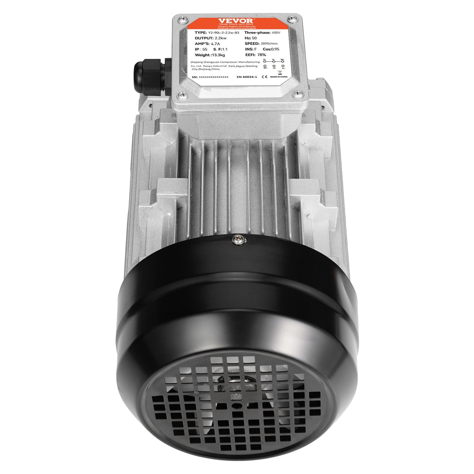 VEVOR 2.2KW Electric Motor 2890 rpm, AC 400V 4.7A, 90L, B3 Frame, Air Compressor Motor 3-Phase, 24mm Keyed Shaft, CW/CCW Rotation for Agricultural Machinery and General Equipment