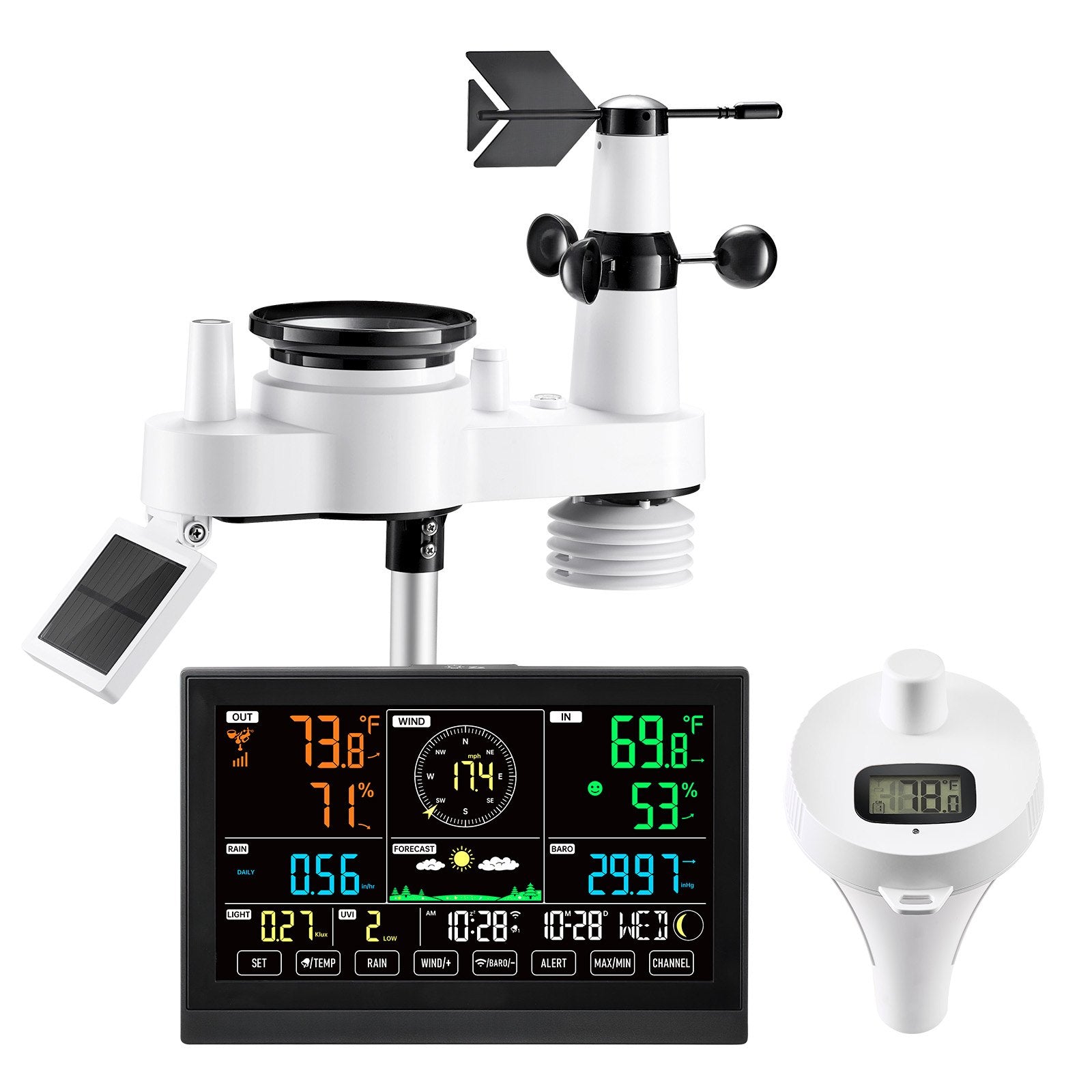VEVOR 7-in-1 Wi-Fi Weather Station with APP, 190.5 mm Display, Wireless Solar Powered Outdoor Sensor, with Pool Thermometer, Rain Gauge, Indoor Outdoor for Weather Forecast Wind Speed Pool Temperature