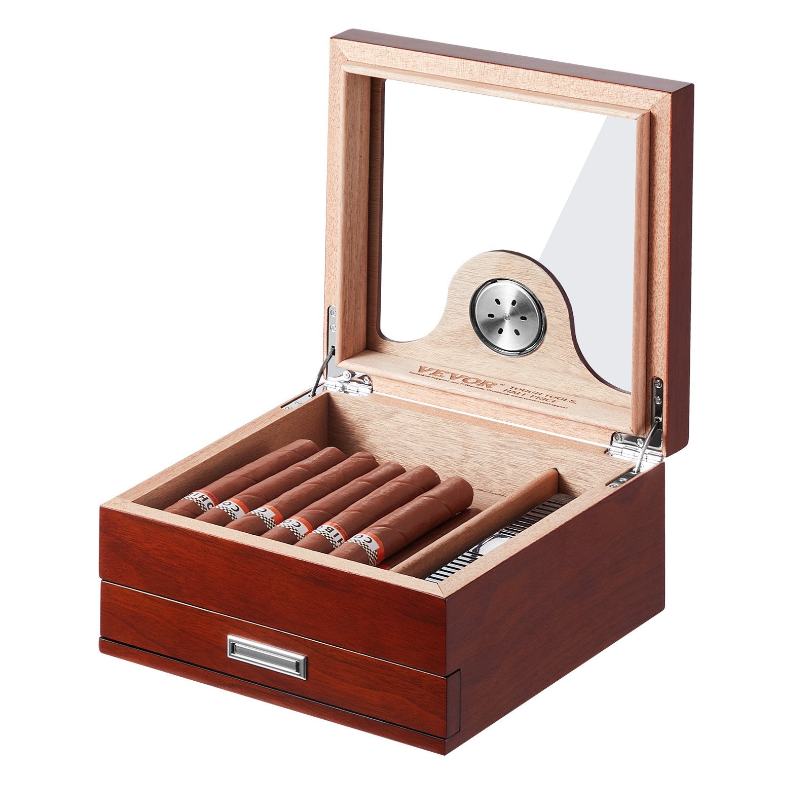 VEVOR Cigar Humidor, Glass Top Cigar Humidor Box, Handmade Spanish Cedar Wood Cigar Desktop Box, Cigar Storage Case with Humidifier, Hygrometer, Divider and Accessory Drawer, 20-35 Cigars