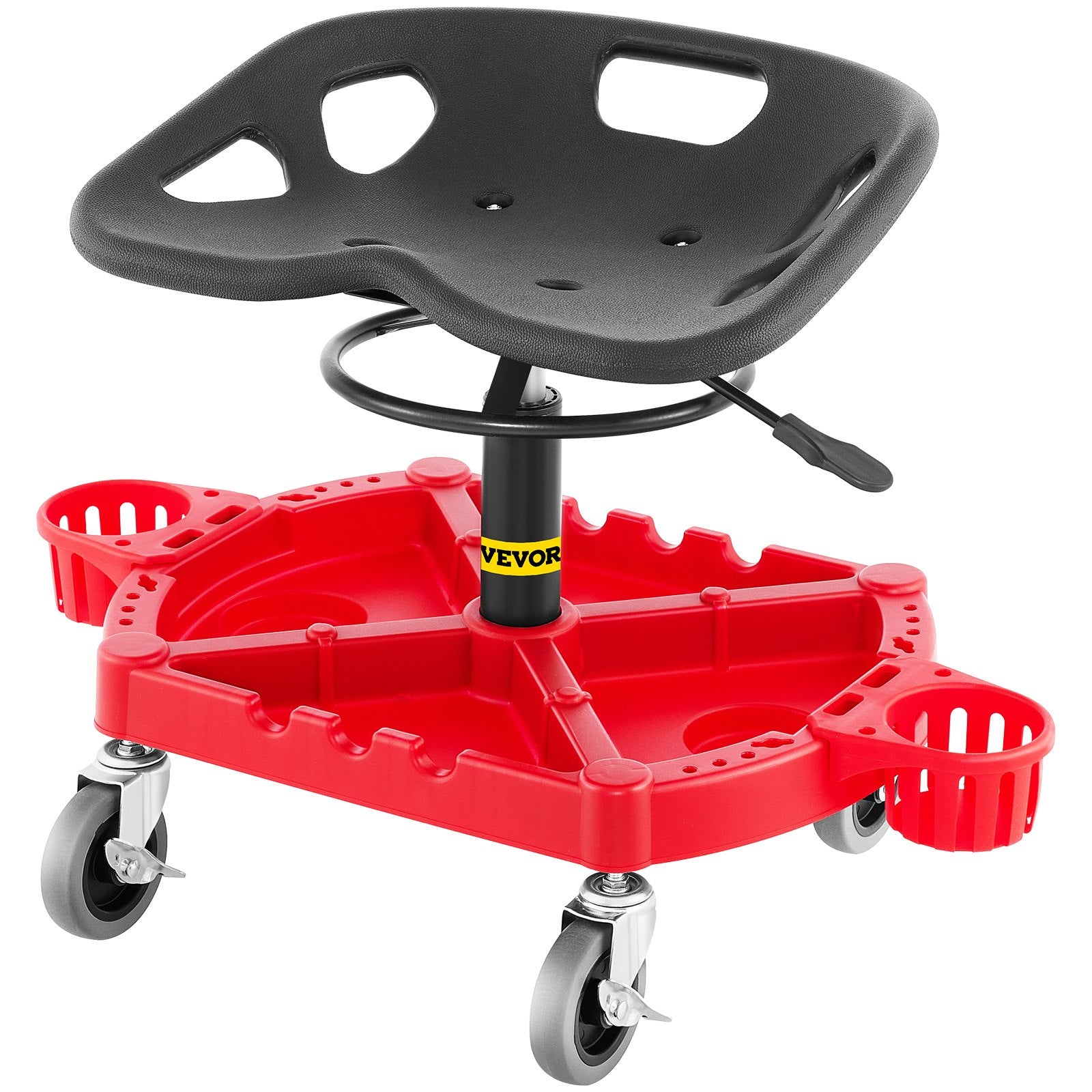 VEVOR Rolling Garage Stool, 300LBS Capacity, Adjustable Height from 18 in to 23 in, 360-degree Swivel Wheels 4\" , Large Tool Tray with Two Bottle Holder, for Workshop, Auto Repair Shop, Red