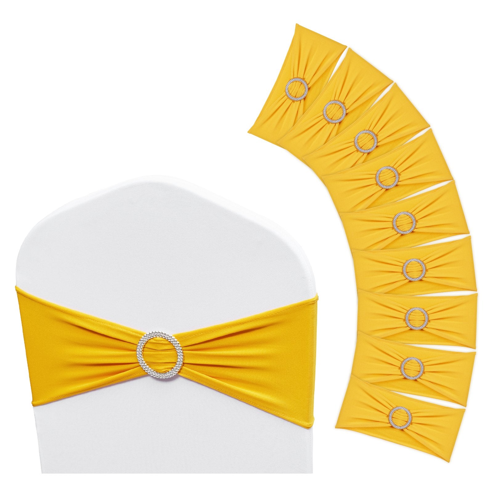 VEVOR Stretch Spandex Chair Sashes, Chair Slipcover and Stretch Chair Sash with Round Buckle, Elastic Chair Bands, Fitting Wedding, Holiday, Banquet, Party Chair Decoration 50 PCS Golden Yellow