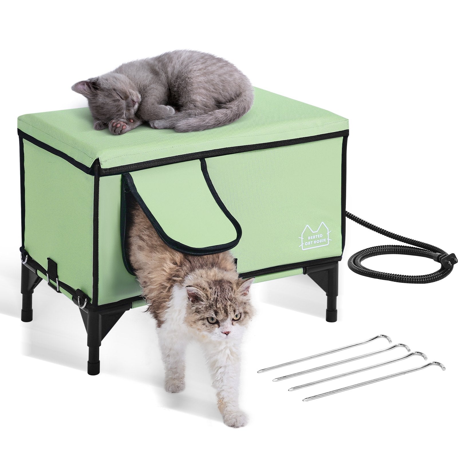 VEVOR Elevated Heated Cat House, Cuboid Kitty Shelter with Adjustable Temperature and Timer, 900D Oxford Cloth Foldable Cat Shelter with Heated Pad for Winter to Stay Warm and Cozy, Green Large