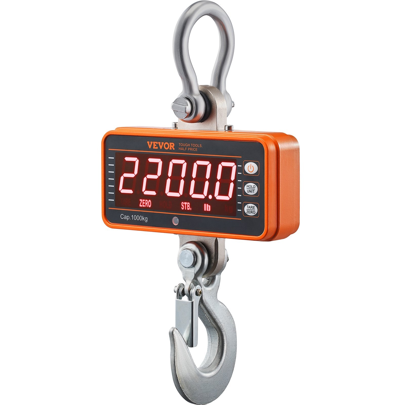 VEVOR Digital Crane Scale, 2200 lbs/1000 kg, Industrial Heavy Duty Hanging Scale with Remote Control, Cast Aluminum Case & LED Screen, High Precision for Construction, Factory, Farm, Hunting Orange