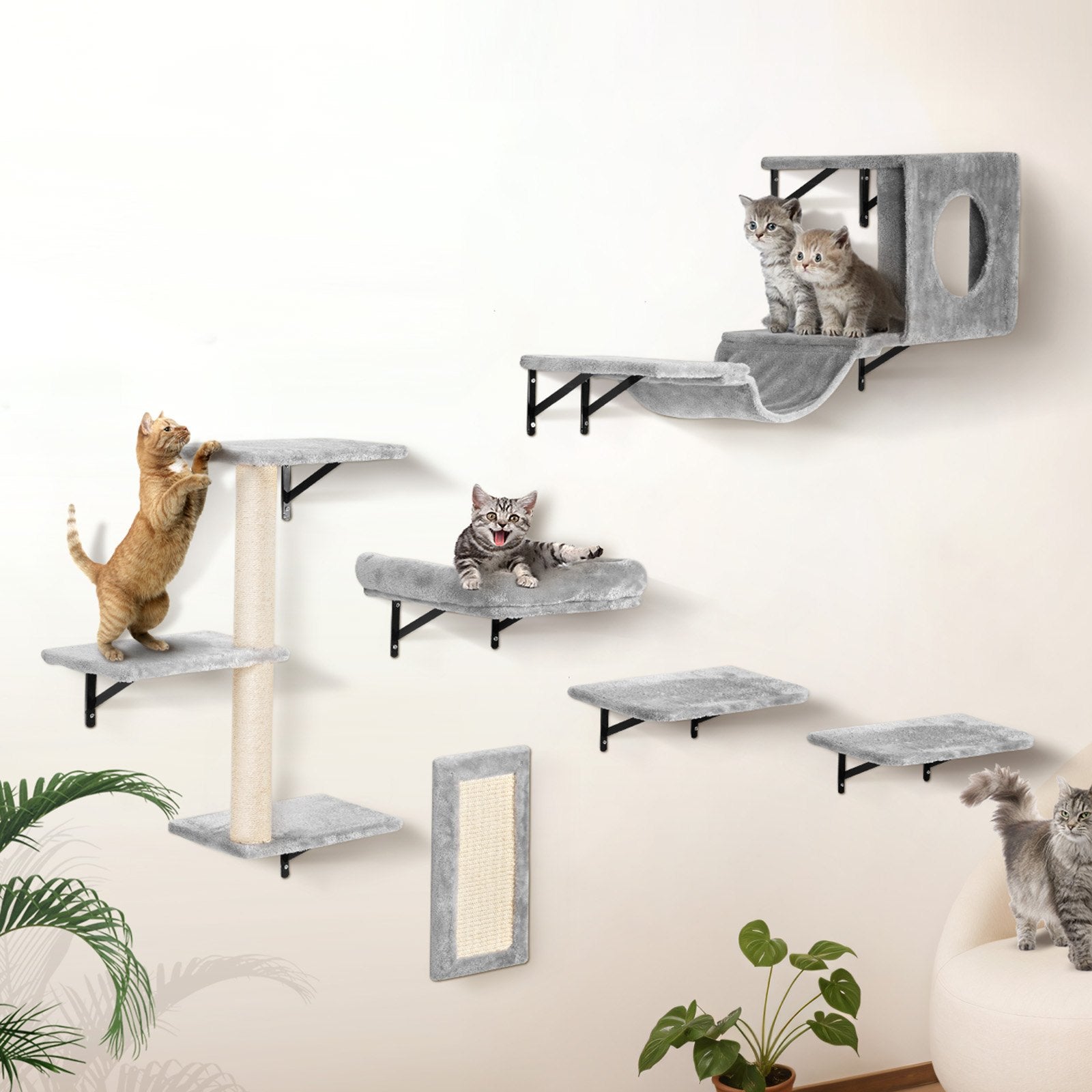 VEVOR Wall Mounted Cat Shelves, Cat Wall Shelves and Perches with Jumping Boards, Hammock, Sofa, Cat Tree & Cat Grip, Cat Furniture and Shelves up to 40 lbs for Sleeping, Playing, Climbing, Set of 6