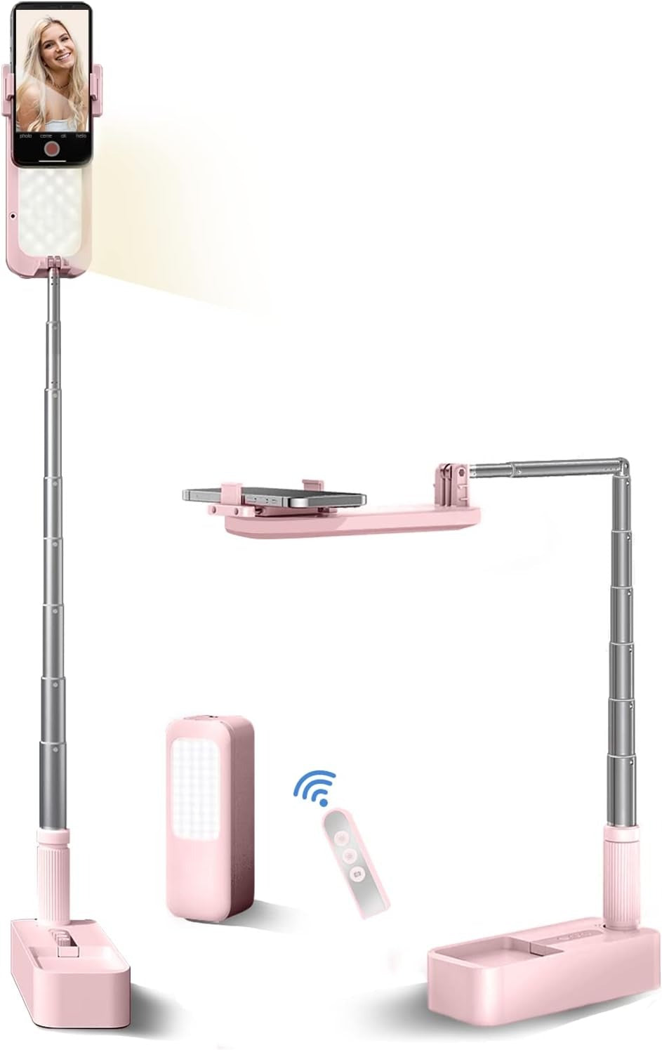 Selfie Stand with 360° Rotates Phone Holder, Foldable/Rechargeable/Wireless/Overhead Recording with 1000mah Battery for Live Stream/Make up/YouTube/Tiktok/Vlog, 7 Brightness LED Light Pink