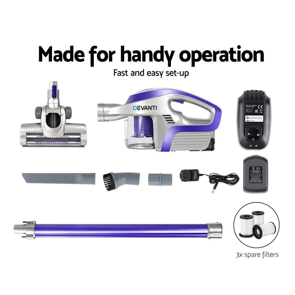 Devanti Cordless Stick Vacuum Cleaner 150W HEPA Purple