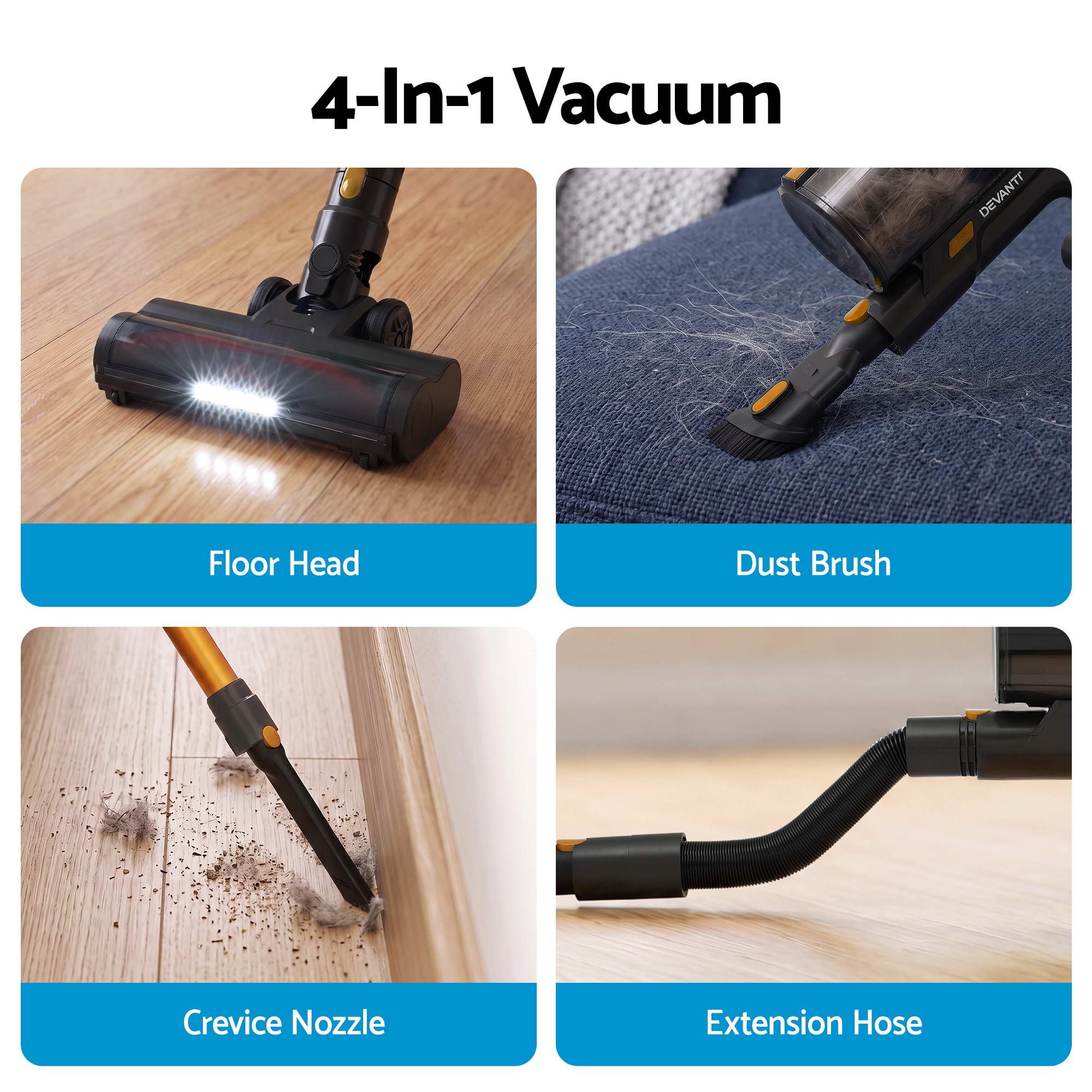 DEVANTI 30000Pa Cordless Stick Vacuum Cleaner 4-in-1 Handheld Vac, Gold