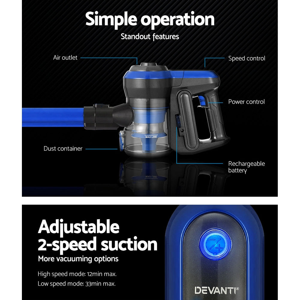 Devanti 250W Cordless Stick Vacuum Cleaner Brushless Blue