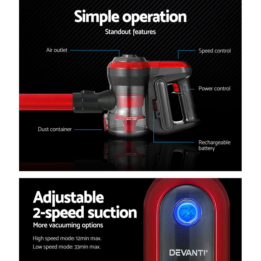 Devanti 250W Cordless Stick Vacuum Cleaner Brushless Red