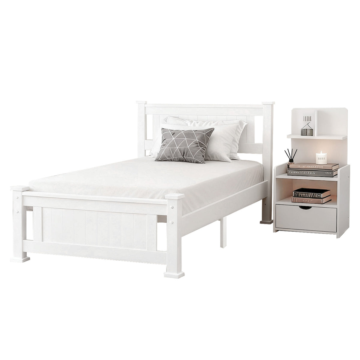 Rio King Single Bed Frame and Bedside Table White