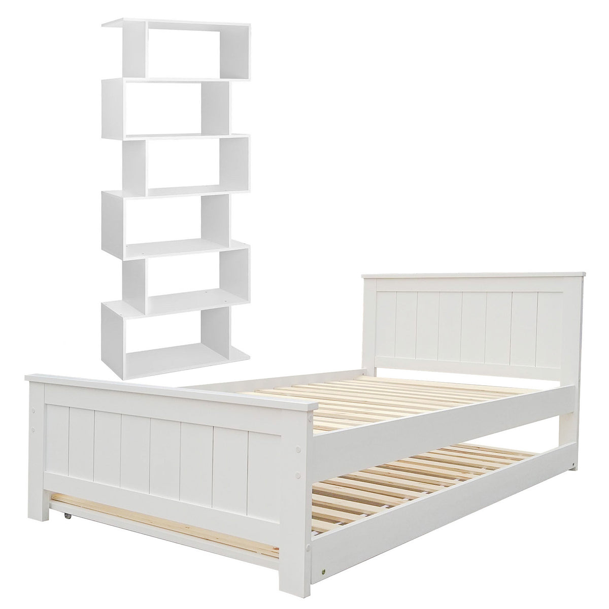 Elvis King Single Trundle Bed Frame and S-Shape Bookshelf Set