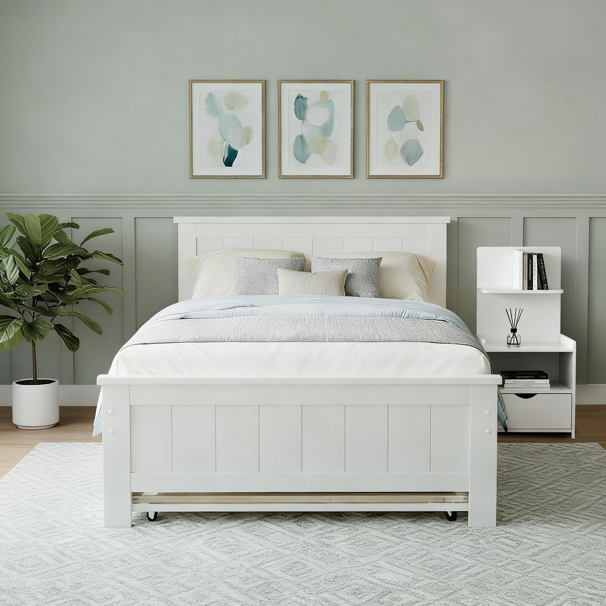 Artiss King Single Trundle Bed Frame and Bedside Table White