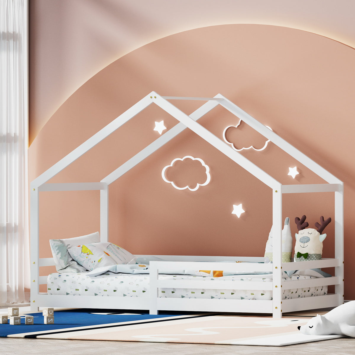 Amos Kids Single Pine Wooden House Bed Frame White